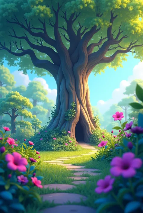 3d catoon image of a breathtaking and beautiful , colorful secret garden with beautiful grasses on the floor, there is an  ancient tree in the middle of the garden.