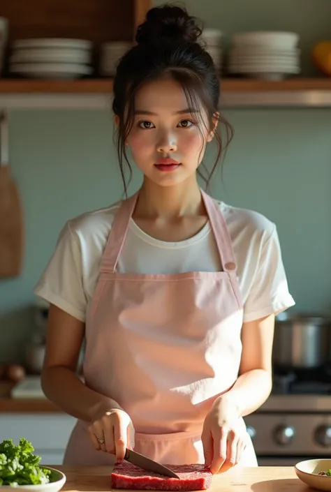 High-quality Realistic of  thai woman, Beautiful girl (((large breast , big breast , nsfw))) , Best Quality, 20 years old thai girl is naked breast (((large breast , big breast , nsfw))) in a pastel apron stands in a kitchen, her hair pulled back in a mess...