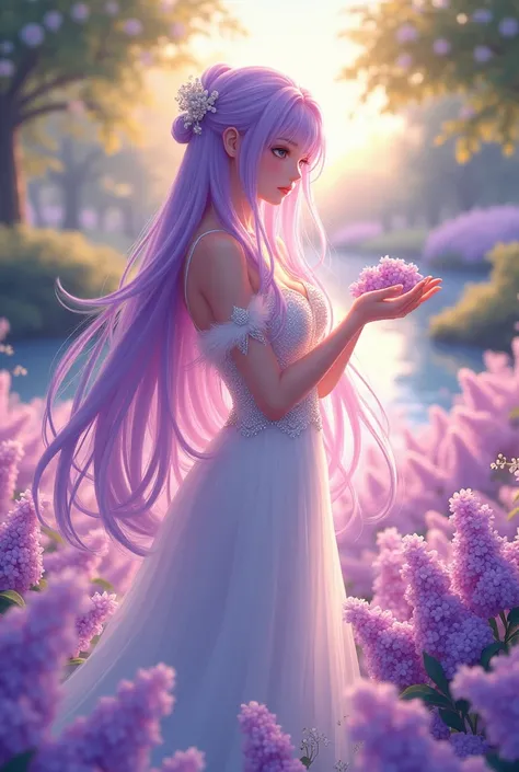 A beautiful anime princess with long lilac hair, standing gracefully in a vibrant garden filled with lilac flowers that mirror the color of her hair. She wears a flowing white dress with silver details, and her delicate hands are gently cupping a few lilac...