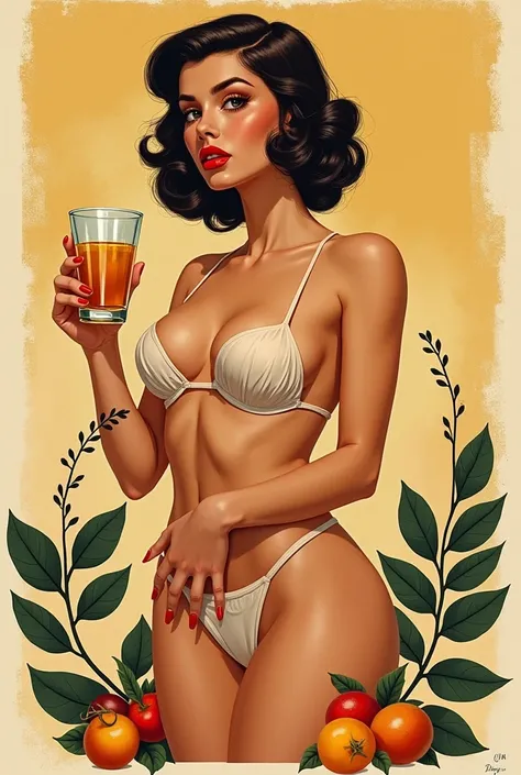 Créez une étiquette pour une bouteille de cocktail. Seulement létiquette, la bouteille ne doit pas être représentée. Le design doit refléter un style pinup, avec des tons doux et organiques, comme le jaune clair, le rouge clair, et des touches de doré. Inc...