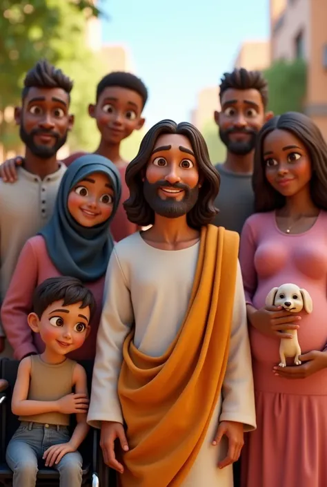 Jesus standing in the center, with a smile and behind him A black man, a Muslim woman in a wheelchair, a child in jesus&#39; lap, a white pregnant woman, a man dressed in pink and holding a puppy, standing as if they were going to take a picture.. Drawn as...