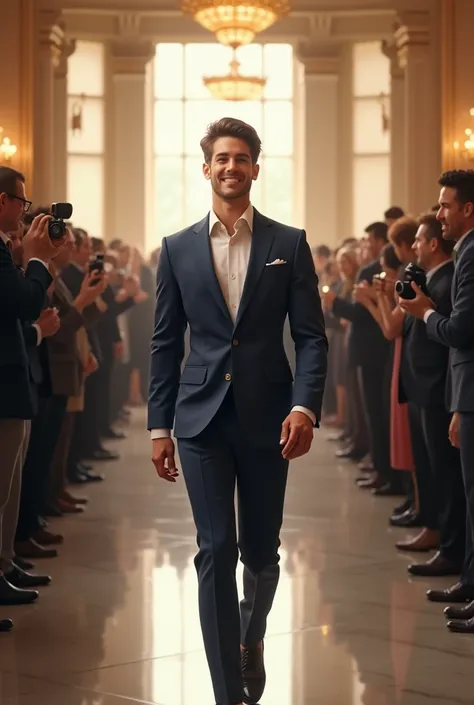 A young man in suit, happy, walking down the isle of a well lighted hall, crowd at the background staring at the young man walking, photographers taking the picture of the young man, photorealistic image.