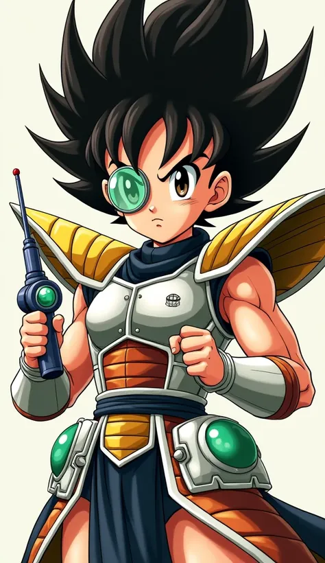 Saiyan Scouter, green scouter, blue scouter, red scouter, (Saiyan Scouter Glass: transparent green glass, covers only one eye),A brunette girl , muscular body and arms,  full body shot  , serious expression , muscules showing on clothes , big boobs, akira ...