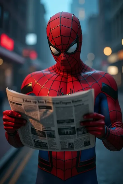 Spider-Man photographer wearing his mask reading a (newspaper:0.8)  cinematic still 