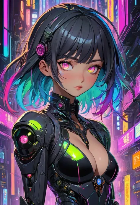 ((best quality)), ((masterpiece)), (detailed), perfect face of cyberpunk mecha japanese girl, neon rainbow eyes, metallic black body, rainbow hair, ((monochromatic neon rainbow color palette)), surreal, art nouveau, in the illustrative style of moebius, sp...