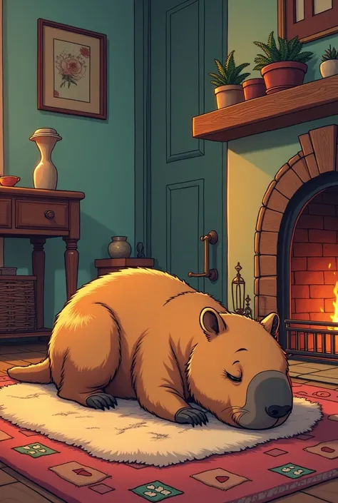 A comic book, where a capybara is in your house and ends up feeling sleepy, go in front of your fireplace, yawns, lie down on the rug in front of the fireplace and sleep