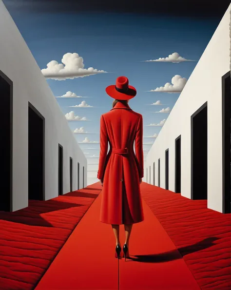 Surrealist art in the style of Rafal Olbinski,rafal olbinski style,art by Rafal Olbinski,rafal olbinskia red coat on a red carpet, inspired by Rafal Olbinski, surreal illustration, cena surreal, Alex Andreev, surreal atmosphere, dream surrealism, Not Rene ...