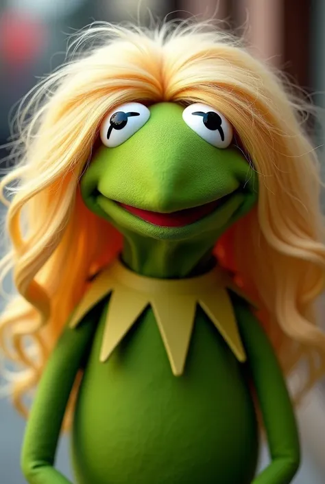 The muppets&#39; kermit the frog with a blonde wig 
