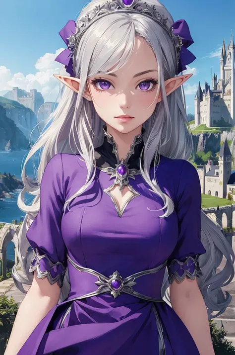 ((Highest quality)), ((masterpiece)), (detailed), Perfect Face, girl, arrogant, Silver Hair, Long Hair, Purple Eyes, Data dress, Elf Ears, A castle in the background, Princess