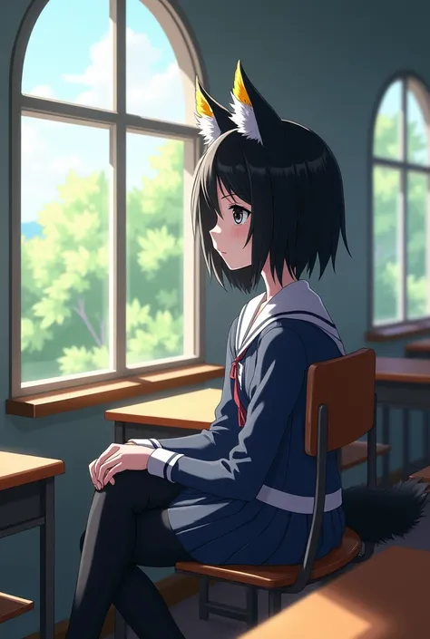 Character Boku no Hero Academia girl with black hair with blonde tips black eyes white skin wolf ears and tail wearing the UA uniform of Boku no Hero Academia and sitting on a chair in class 1-A looking out the window