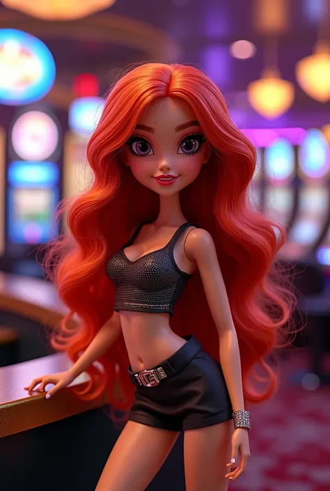 Bratz style doll girl more lively with long hair, Wavy, redhead, being a casino cashier with casino machines in the background