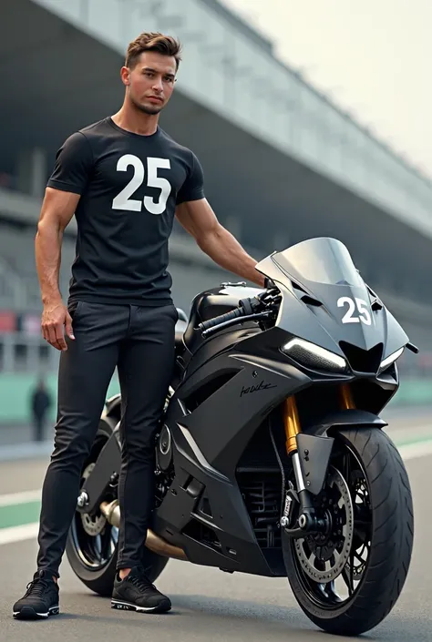 A man wearing a t-shirt with the number 25 on his chest and next to him a sports bike also with the number 25   