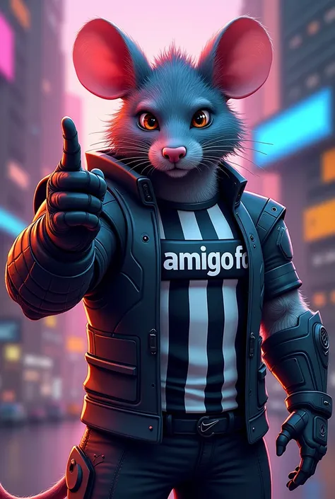 A Tall and Muscular Cartoon-Style Rat.With futuristic armor and a vertical black and white striped shirt, with the word "AMIGAO FC" on the chest Facing forward and pointing the finger to the Screen . In the other hand holding a List