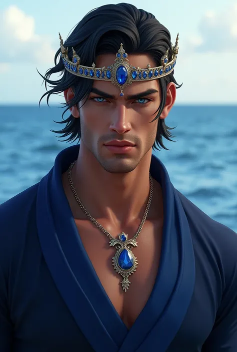 Realistic image of a handsome young man whose face has soft but stylized features, athletic body and slightly tanned skin. Neck-length black hair combed back and sapphire blue eyes. He wears a masculine crown of sapphires and wears a royal robe of navy blu...