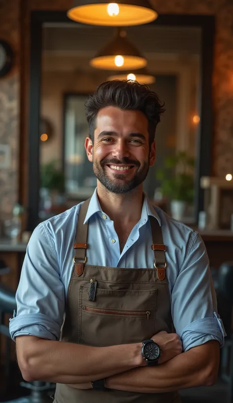 professional photography of a male person, argentina, 3, working in a barbershop, smiling