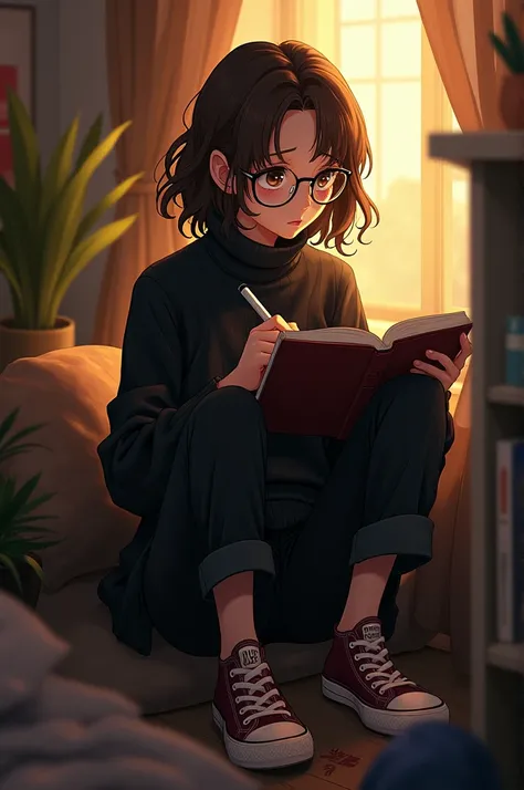 Girl, eyes the color of honey, wavy hair, with glasses, black sweater, black pants, converse, while writing music in his notebook, sitting in a corner of her room