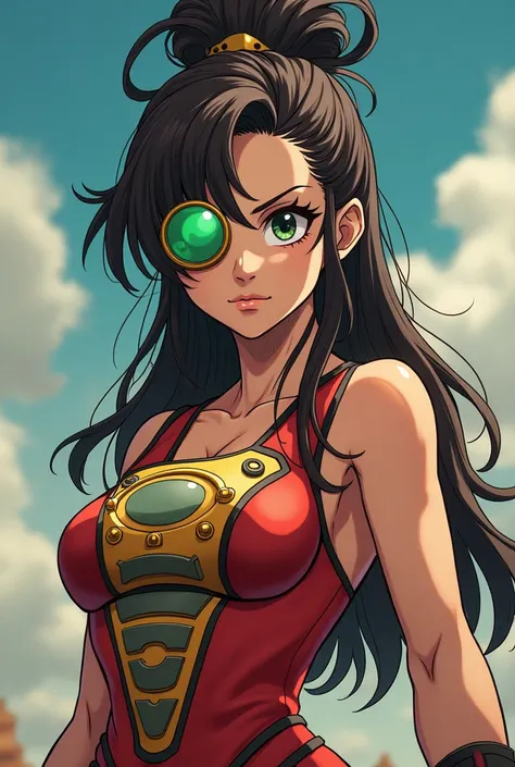 Saiyan Scouter, green scouter, blue scouter, red scouter, (Saiyan Scouter Glass: transparent green glass, covers only one eye) ,A brunette girl , muscular body and arms,  full body shot  , serious expression ,  thick eyeliner, thick eyebrows, eyelashes, li...