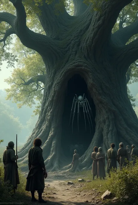 The servants and villagers began to cut down the ash tree.. When starting to cut it down, They discovered that the tree was hollow and that monstrous creatures resembling enormous spiders lived inside it., the size of a human head, covered in grey hair.