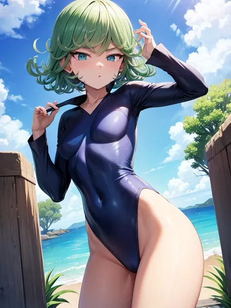 Tatsumaki, blue school swinsuit, very small breast