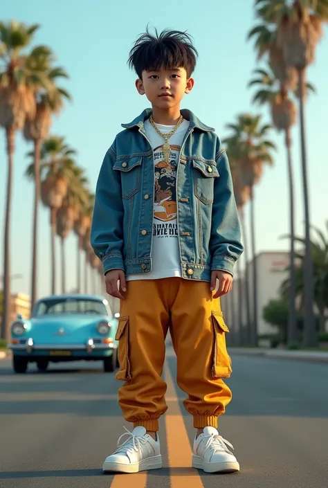 a cute 1 asian boy wearing a rappers style outfit, standing on a California road with palm trees in the background, a blue classic car in the background, detailed facial features, photorealistic, ultra-detailed, masterpiece, 8k, high quality, vivid colors,...