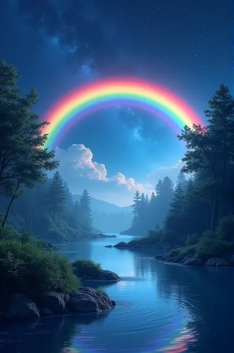 River with rainbow at night
