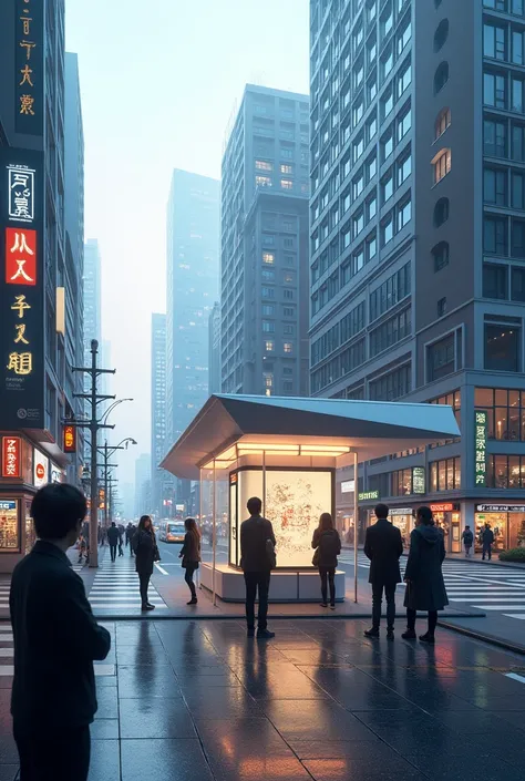 futuristic japanese bus stop in a street.