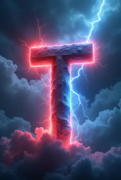 capital letter "T" With red and blue thunder effect and clouds