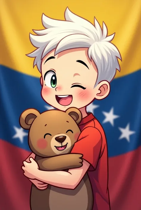 Anime boy smiling with white hair wearing a red shirt and Venezuela flag background Hugging a bear all in 2D and the image is 1024 x 576 px