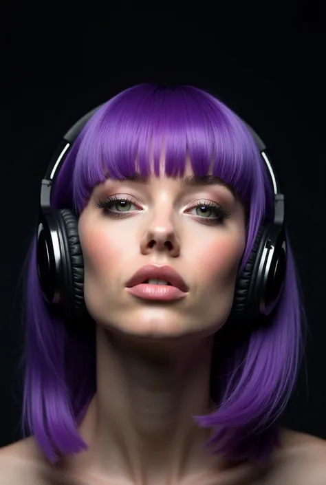 "A white woman with straight, bright, vibrant purple hair, with bangs, using a pair of large, modern headphones. She is on a black background, which makes it and the details of the headphones stand out clearly. Her expression is relaxed and focused., as if...