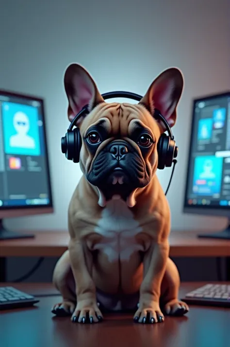 French bulldog sitting in front of 2 monitors with his headphones on 