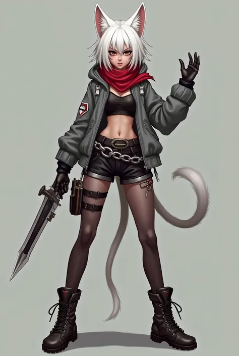 A young woman with white hair, cat tail and ears,wearing a grey jacket, black shorts, and thigh-high and wet stockings, stands confidently with a mischievous grin. Her outfit is adorned with various accessories, including a red scarf, a chain belt, and a p...