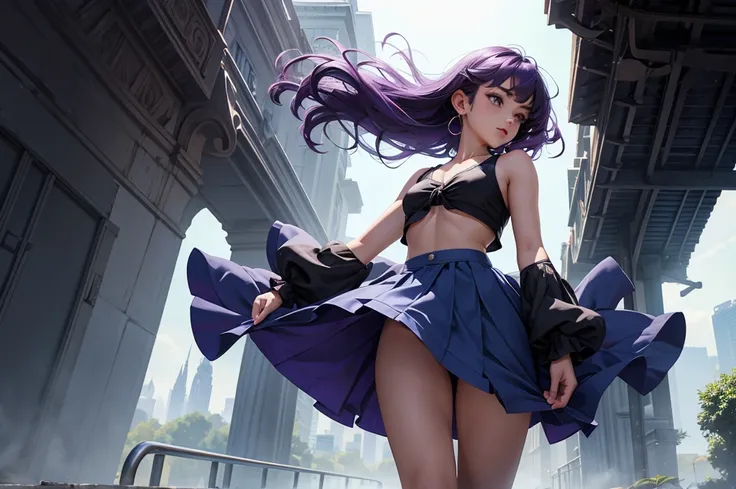 (masterpiece), (best quality), (detailed), light layer, 1solo girl, young girl, perfect body, purple hair in curls, defined large chest, small waist,defined collarbone, ultra realistic, photorealistic, detailed, ,Enhance, wearing a blue Black Double Layer ...