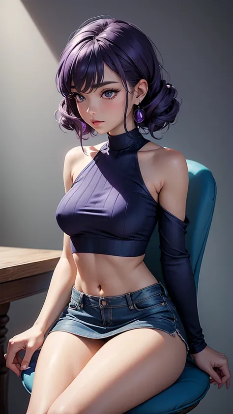 (masterpiece), (best quality), (detailed), light layer, 1solo girl, young girl, perfect body, purple hair in curls, defined large chest, small waist,defined collarbone, ultra realistic, photorealistic, detailed, ,Enhance, wearing a blue Black Double Layer ...