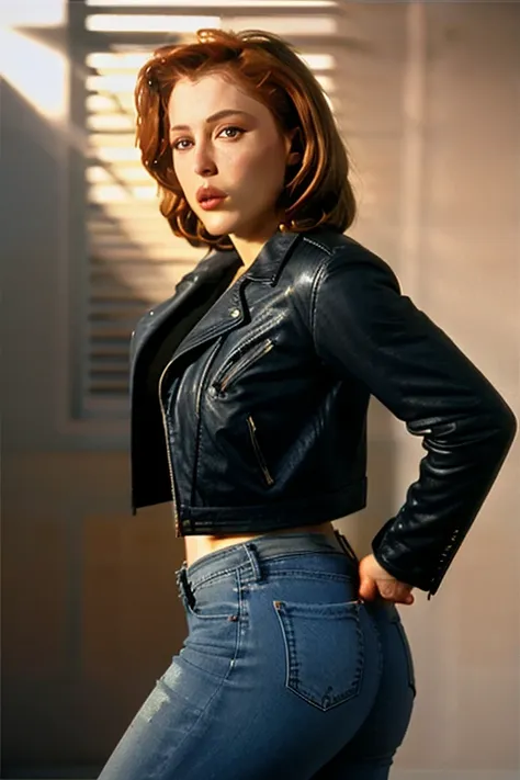 dana scully, portrait, natural light, tigth jeans leather jacket whit grey t shirt ,nice tits ..perfect booty atletic body .sexi...