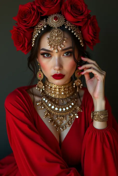 Woman dressed in red covered in jewelry from head to toe sexy 