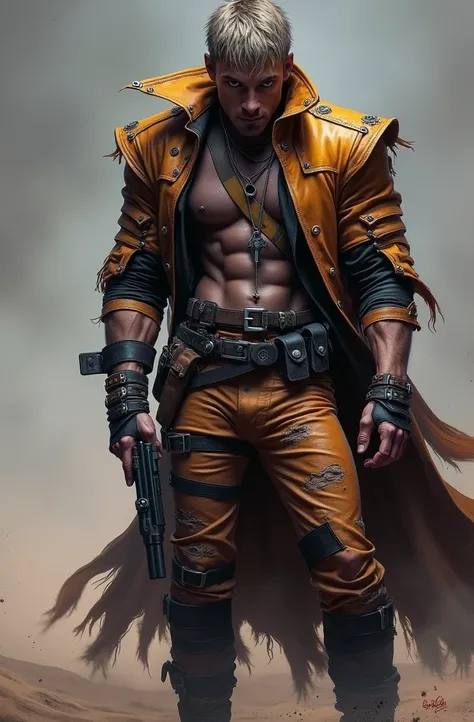 dark and torn, ((1 young man with beautiful muscular body in leather clothes:1.6)), fierce expression, holding a gun, (colors in your clothes, warm, orange, yellow, violet: 1.3), standing on a desolate field , dramatic lighting, intense shadows, sandy text...