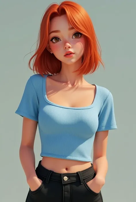 American girl. Red head. freckles. hair straight down. Square Neck Cropped T Shirts Y2K Streetwear Sexy Slim Fit Ribbed Knit Basic Tees(Sky Blue,L). Black leggings. middle school girl. Real life style. Small eyes. No animation. REAL LIFE. REAL LIFE. REAL L...