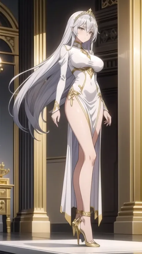 Beautiful lady with long silver hair, golden eyes and big breasts，white long sleeve dress，，long skirt，crown，gold jewelry，slim figure，Bare Legs，Standing，high heels，royal palace