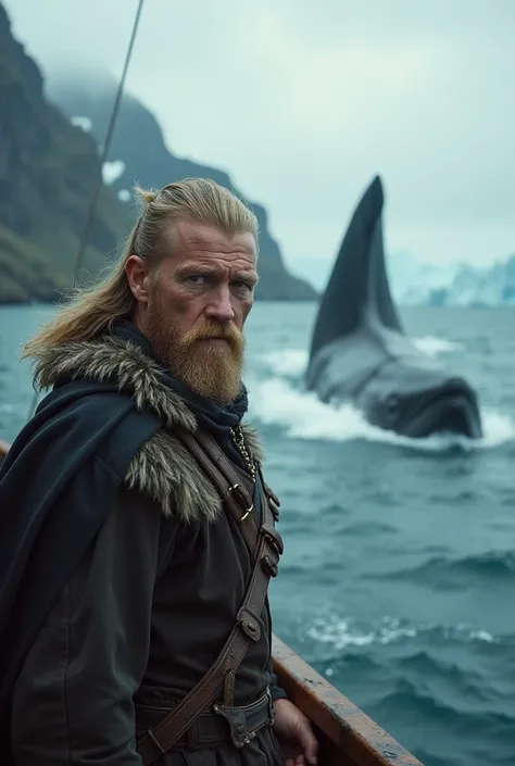 A rugged Viking warrior stands resolutely at the stern of a weathered longship, his angular Nordic face creased with concern as he scans the turbulent sea, his piercing blue eyes narrowed beneath a furrowed brow, his blond beard whipping in the wind. In th...