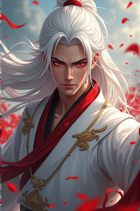 Make a murim manhwa character, with long white hair, It has red eyes, he has a devastating look, He is wearing a white outfit with red details like a murim cultivator. , he is a handsome 30 year old man. I don&#39;t want a realistic character just from mur...