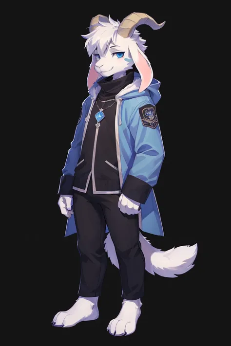 1boy, teenager, innocent, alone, Asriel, Undertale (Asriel Dreemurr), smile, 1Eskimo coat (blue coat, no drawing), tall, hairy, anthropomorphic, blue eyes (black blouse, black pants), goats paw, paw with pastern((short tail, anthropomorphic tail, short tai...