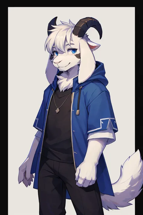 1boy, teenager, innocent, alone, asriel, undertale (asriel dreemurr), smile, 1eskimo coat (blue coat, no drawing), tall, hairy, ...