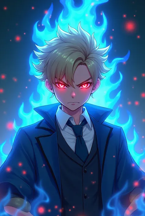  1 boy, , have power like demon god in manhwa, full of demonic aura, angry facial expression, red eye color (glowing red eyes), blonde hair (half of his hair covered with blue flame), with knight outfit, elegant, detective, realistic fire, the background i...