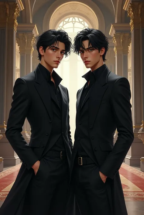 A 2 guy, black hair, light brown eyes, wearing black clothes, he is in a big and beautiful hall.  fantasy book cover. 