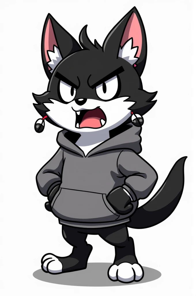 Make a mascot emote for my twitch channel of garu with black and white earrings wearing a sweatshirt and angry experience on a white background 