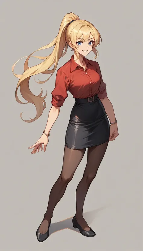 ((Masterpiece), (Best quality), highly detailed)), 1girl, solo, red blouse, black pencil skirt, black pumps, blonde hair, high ponytail, blue eyes, smile, full body