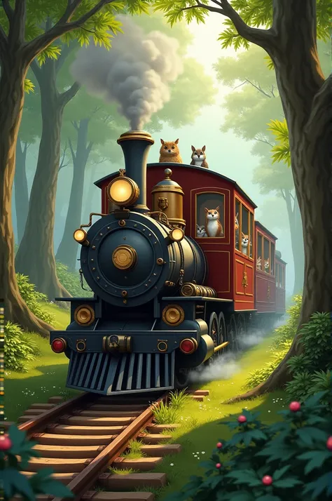 A train in the forest with animals
