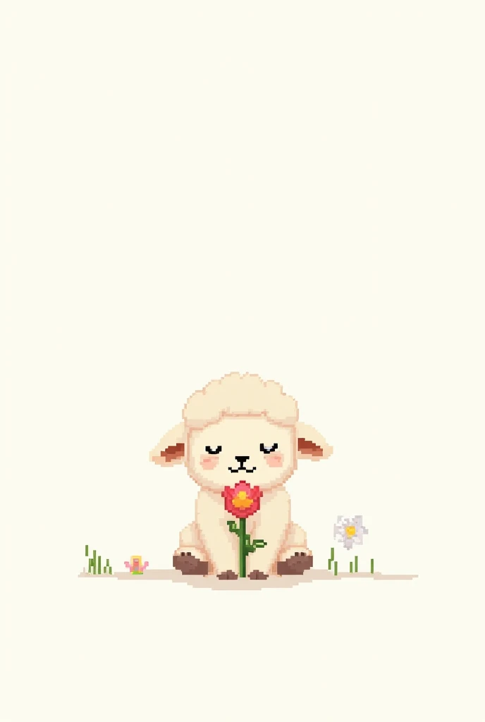 Small pixel art of a lamb holding a tulip in its paw and the background being a white grid for pixel art