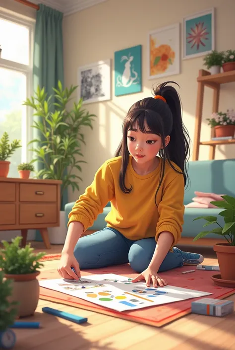 I want a picture of a girl decorating her new house, I want the image to be rectangular