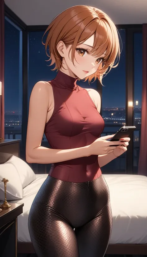 Beautiful 47y old woman with short undercut coily dark brown orange hair with brown eyes wearing ((Tight Black Piano Snakeskin Low-Rise Leggings)), ((Sexy Mock Neck Sleeveless Dark Red Shirt With Vertical Lines)), standing in her bedroom at night, holding ...